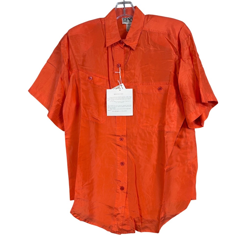 NWT Vintage Womens Orange Washable Silk Short Sleeve Button Up Shirt Frenchic SM